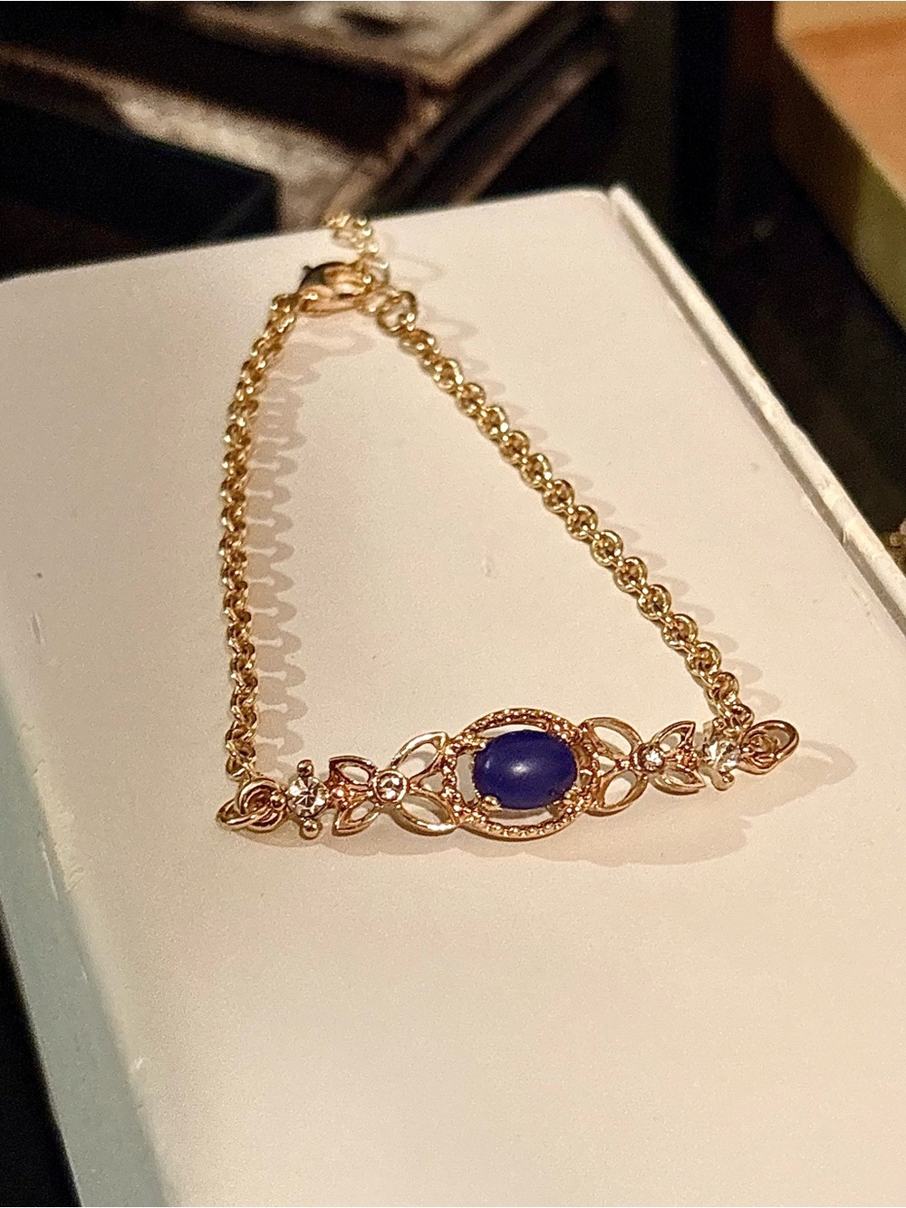 Gold Tone Bracelet w/ Pretty, Dainty Design & Deep/Dark Blue Stone